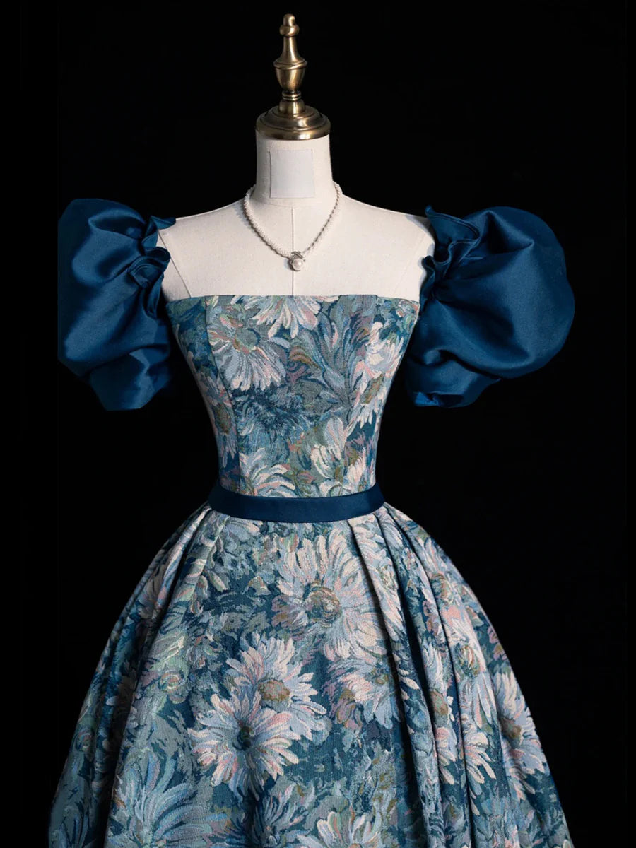 Blue Printed Long Ball Gown, Elegant A-Line Short Sleeve Evening Dress  TP312