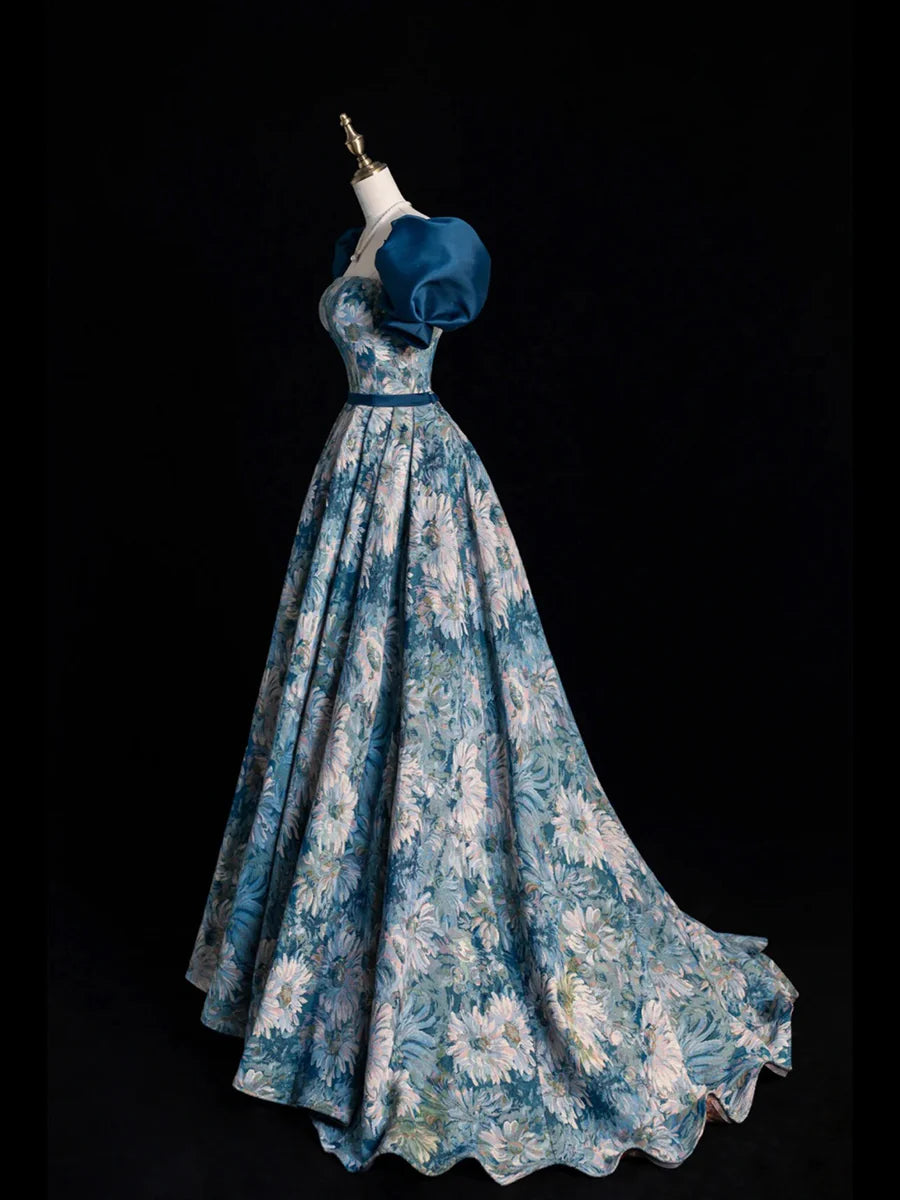Blue Printed Long Ball Gown, Elegant A-Line Short Sleeve Evening Dress  TP312