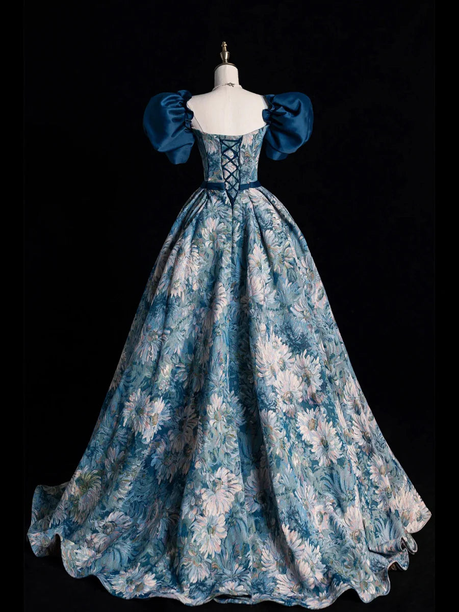 Blue Printed Long Ball Gown, Elegant A-Line Short Sleeve Evening Dress  TP312