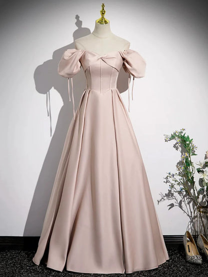 Pink Satin A-Line Floor Length Prom Dress, Off Shoulder Short Sleeve Evening Dress  TP313