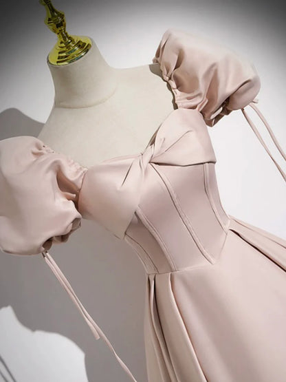 Pink Satin A-Line Floor Length Prom Dress, Off Shoulder Short Sleeve Evening Dress  TP313