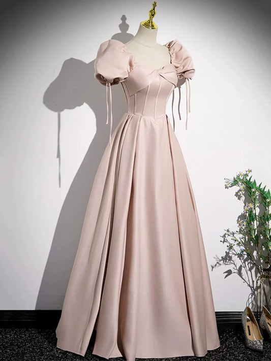 Pink Satin A-Line Floor Length Prom Dress, Off Shoulder Short Sleeve Evening Dress  TP313