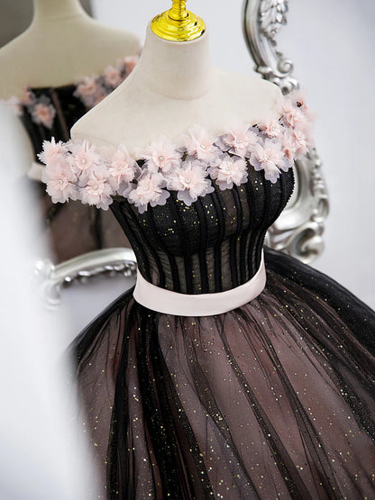 Black Tulle and Pink Flowers Party Dress, Black Off Shoulder Sweet 16 Dress  TP314