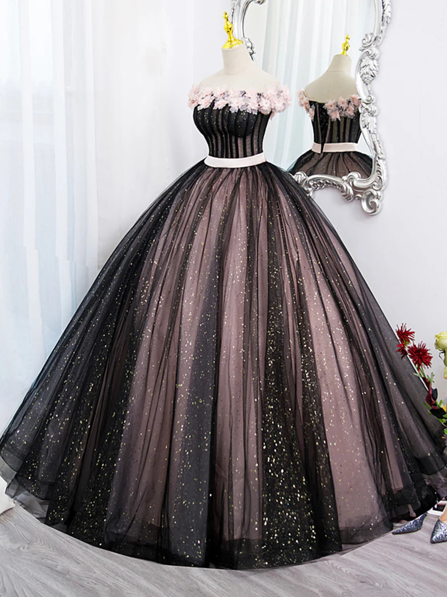Black Tulle and Pink Flowers Party Dress, Black Off Shoulder Sweet 16 Dress  TP314