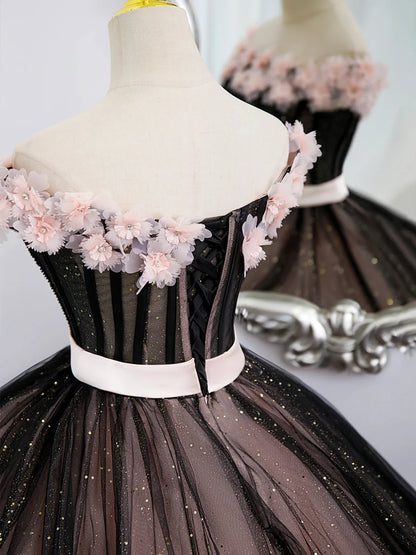Black Tulle and Pink Flowers Party Dress, Black Off Shoulder Sweet 16 Dress  TP314