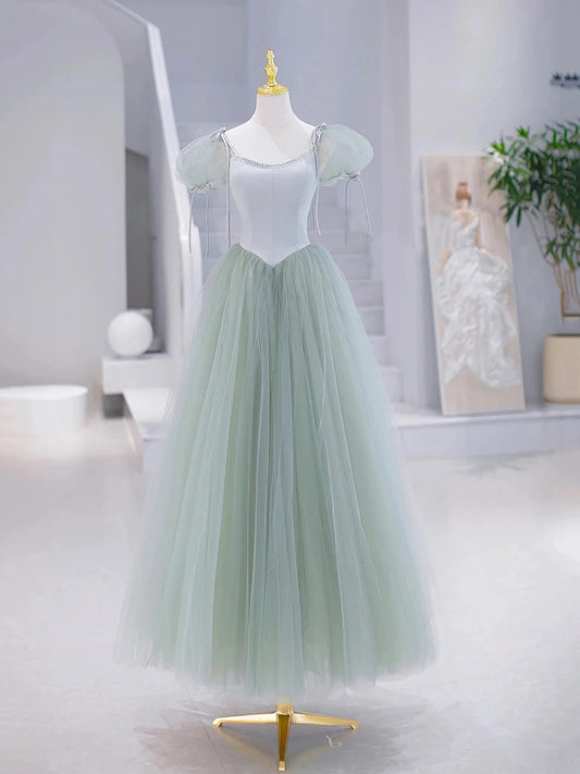 Green Tulle Floor Length Prom Dress, Green Short Sleeve Evening Party Dress  TP315
