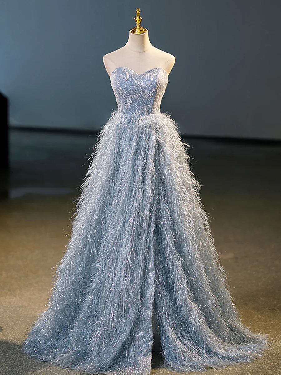 Blue A-Line Strapless Floor Length Prom Dress, Blue Evening Party Dress  TP317