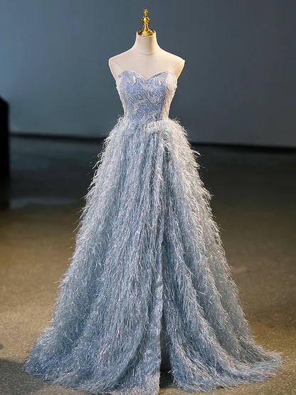 Blue A-Line Strapless Floor Length Prom Dress, Blue Evening Party Dress  TP317