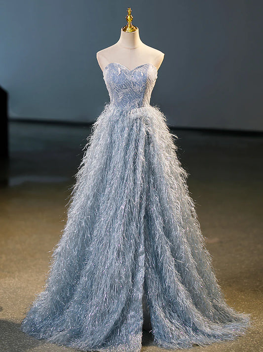 Blue A-Line Strapless Floor Length Prom Dress, Blue Evening Party Dress  TP317