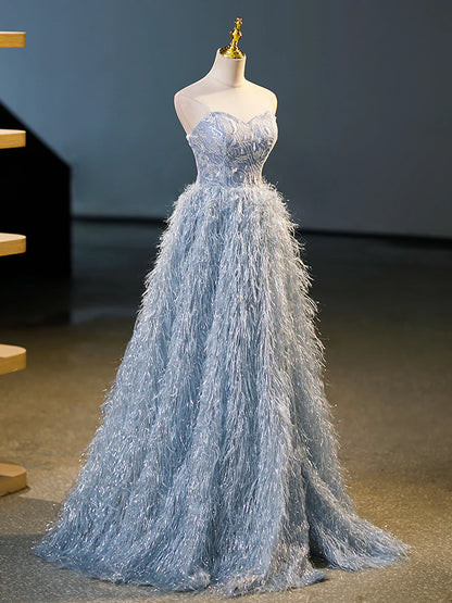 Blue A-Line Strapless Floor Length Prom Dress, Blue Evening Party Dress  TP317