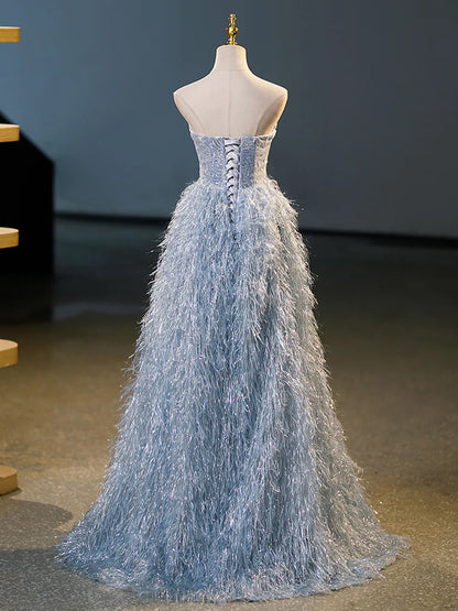 Blue A-Line Strapless Floor Length Prom Dress, Blue Evening Party Dress  TP317