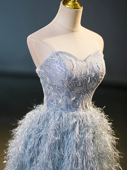 Blue A-Line Strapless Floor Length Prom Dress, Blue Evening Party Dress  TP317