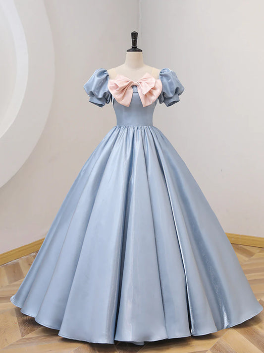 Blue Satin Floor Length Prom Dress with Bow, Blue A-Line Evening Formal Dress  TP318