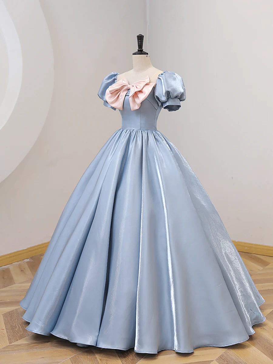 Blue Satin Floor Length Prom Dress with Bow, Blue A-Line Evening Formal Dress  TP318