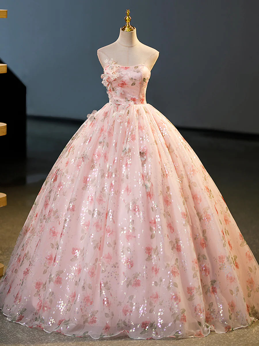 Beautiful Strapless Tulle Flower Long Prom Dress, Pink Ball Gown Formal Dress  TP319
