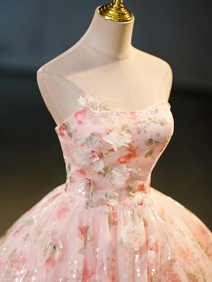 Beautiful Strapless Tulle Flower Long Prom Dress, Pink Ball Gown Formal Dress  TP319