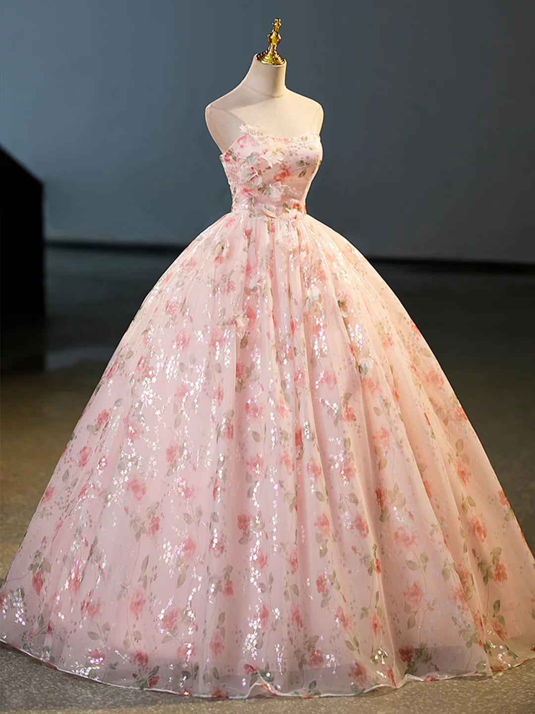 Beautiful Strapless Tulle Flower Long Prom Dress, Pink Ball Gown Formal Dress  TP319