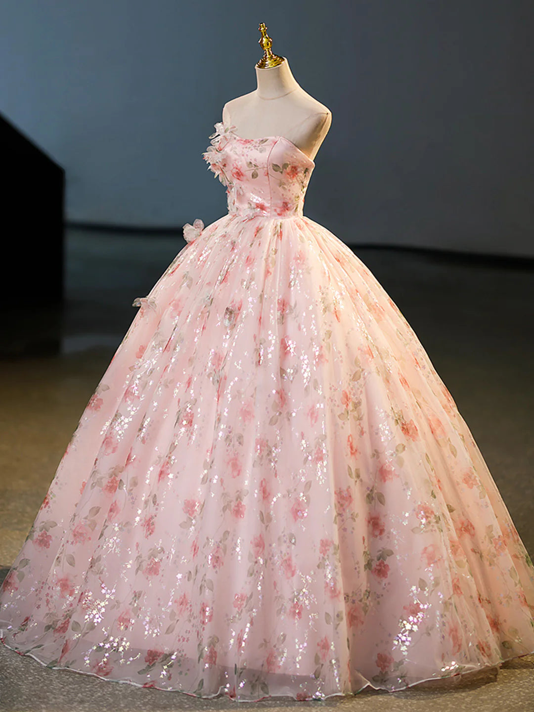Beautiful Strapless Tulle Flower Long Prom Dress, Pink Ball Gown Formal Dress  TP319