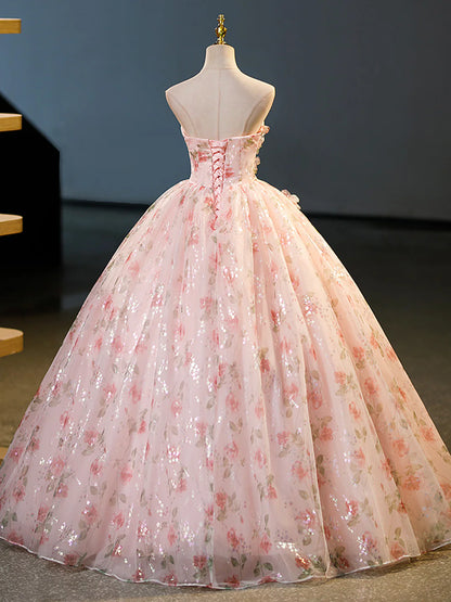 Beautiful Strapless Tulle Flower Long Prom Dress, Pink Ball Gown Formal Dress  TP319