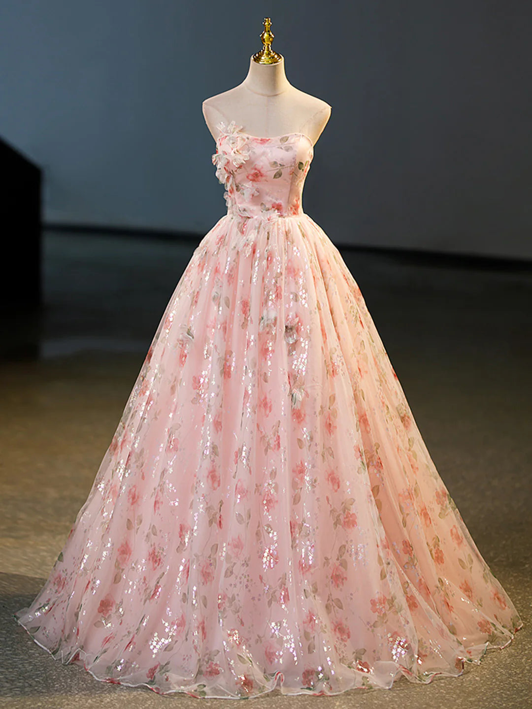 Beautiful Strapless Tulle Flower Long Prom Dress, Pink Ball Gown Formal Dress  TP319