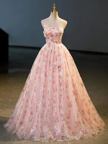 Beautiful Strapless Tulle Flower Long Prom Dress, Pink Ball Gown Formal Dress  TP319