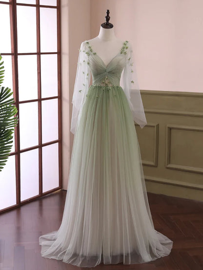 Light Green Tulle Long Sleeve Prom Dress, Green Gradient Floor Length Evening Dress  TP320