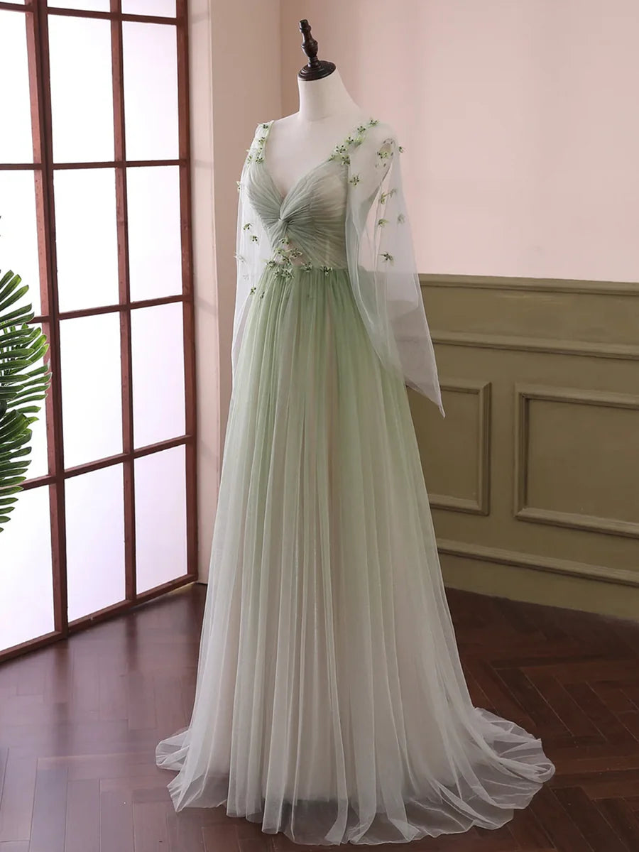 Light Green Tulle Long Sleeve Prom Dress, Green Gradient Floor Length Evening Dress  TP320