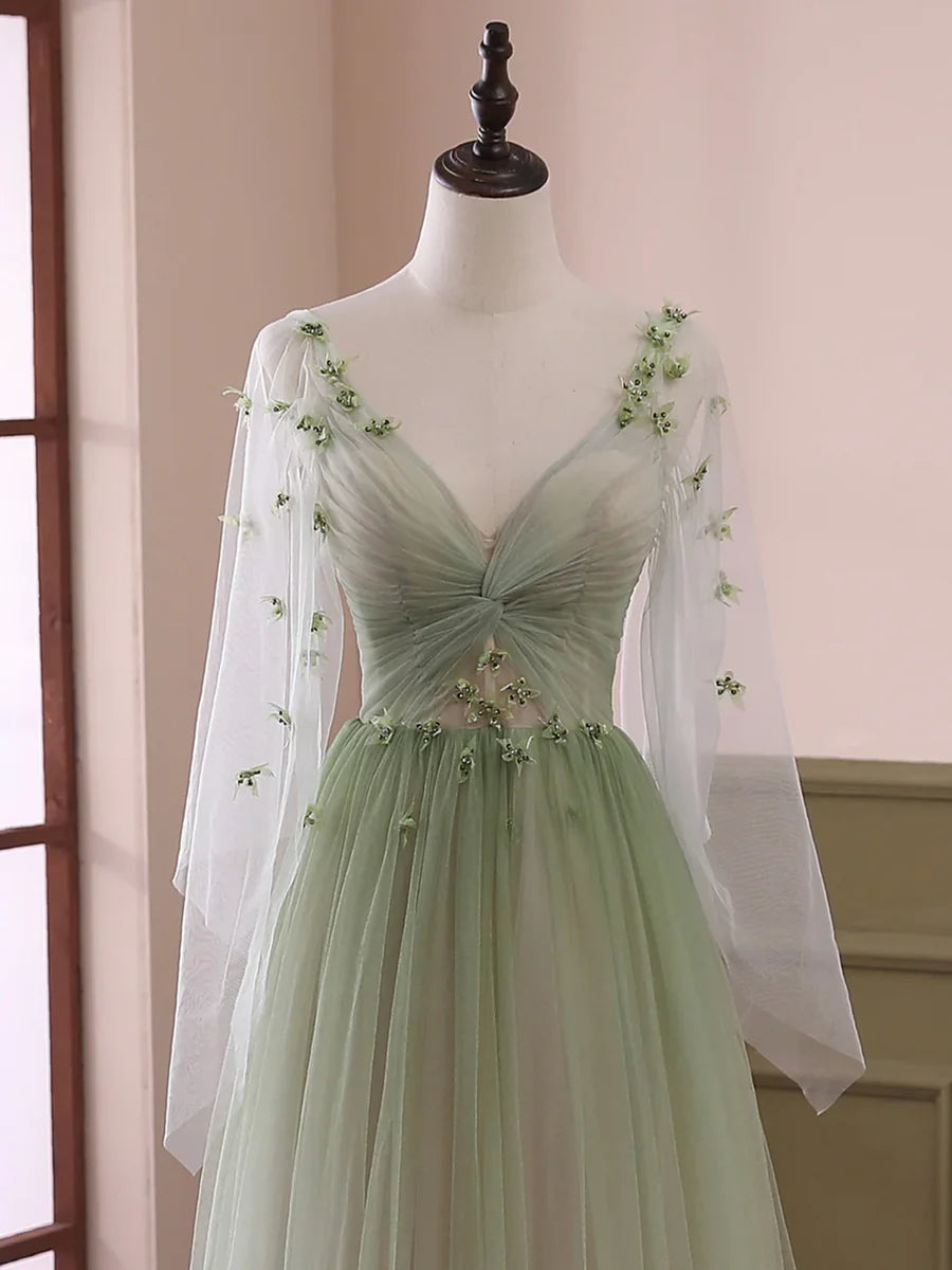 Light Green Tulle Long Sleeve Prom Dress, Green Gradient Floor Length Evening Dress  TP320