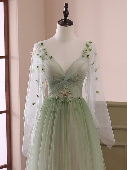 Light Green Tulle Long Sleeve Prom Dress, Green Gradient Floor Length Evening Dress  TP320