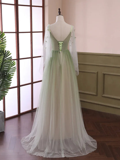 Light Green Tulle Long Sleeve Prom Dress, Green Gradient Floor Length Evening Dress  TP320