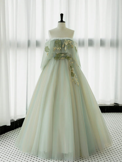 Green Tulle Lace Long Prom Dress, Green Off Shoulder Evening Party Dress  TP321