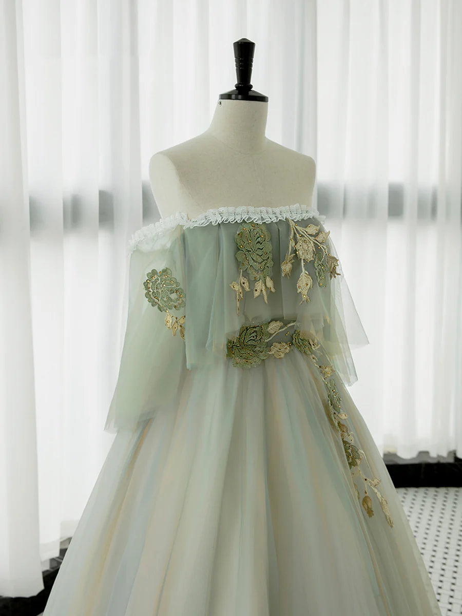 Green Tulle Lace Long Prom Dress, Green Off Shoulder Evening Party Dress  TP321