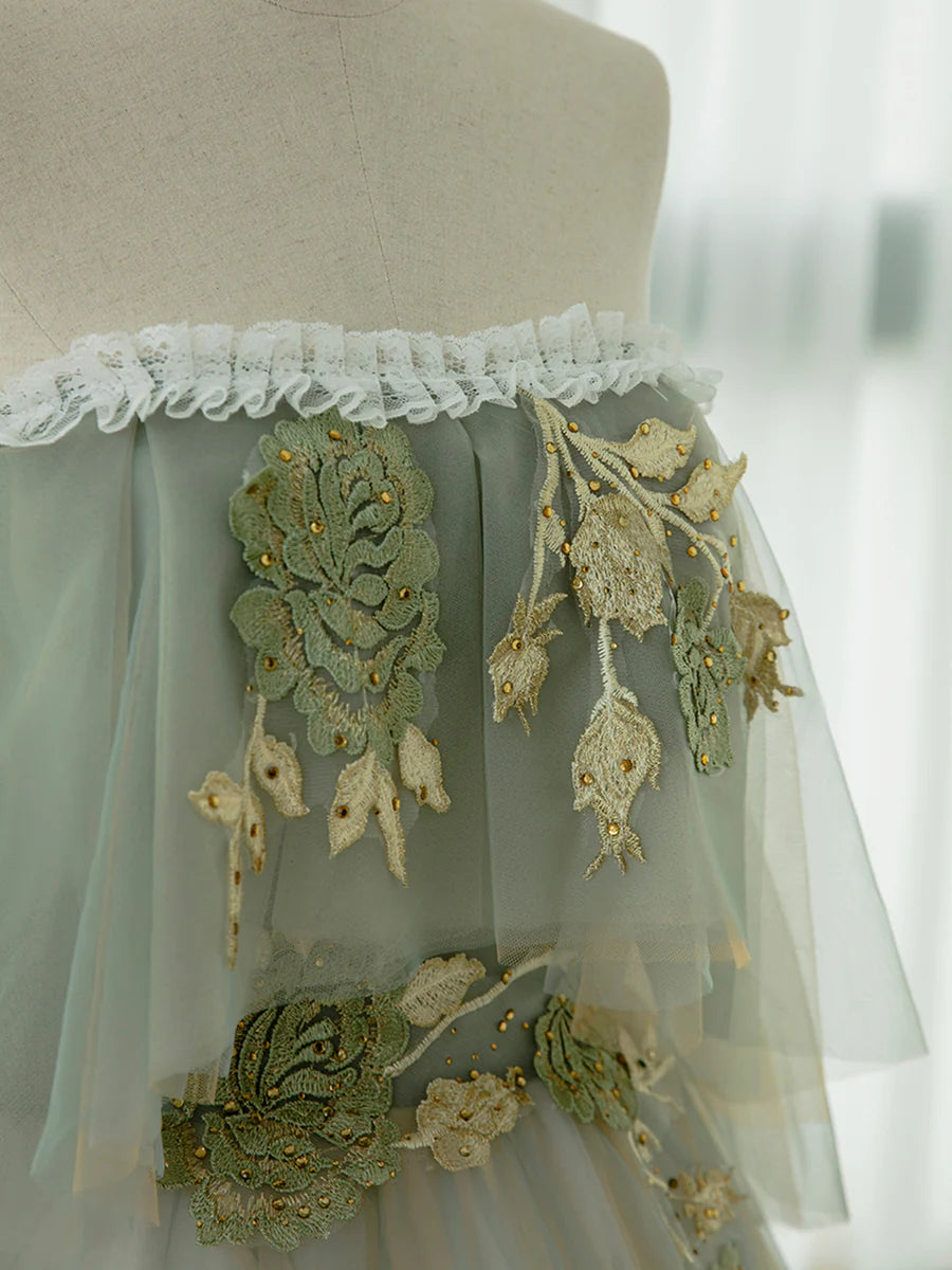 Green Tulle Lace Long Prom Dress, Green Off Shoulder Evening Party Dress  TP321