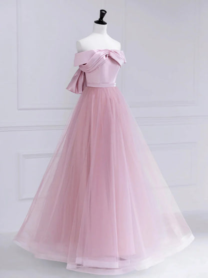 Pink Satin Tulle Long Prom Dress, Pink Off Shoulder Evening Dress  TP323