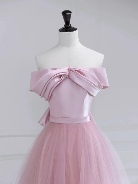 Pink Satin Tulle Long Prom Dress, Pink Off Shoulder Evening Dress  TP323