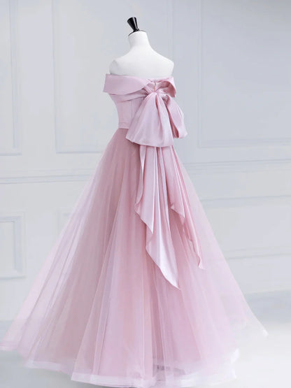 Pink Satin Tulle Long Prom Dress, Pink Off Shoulder Evening Dress  TP323