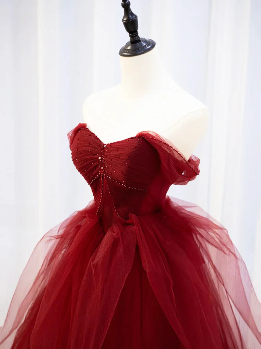 Burgundy Sweetheart Tulle Long Prom Dress with Beaded, Burgundy Party Dress  TP325