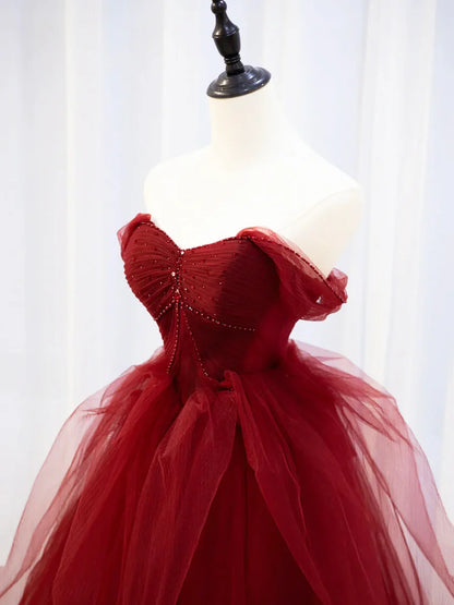 Burgundy Sweetheart Tulle Long Prom Dress with Beaded, Burgundy Party Dress  TP325