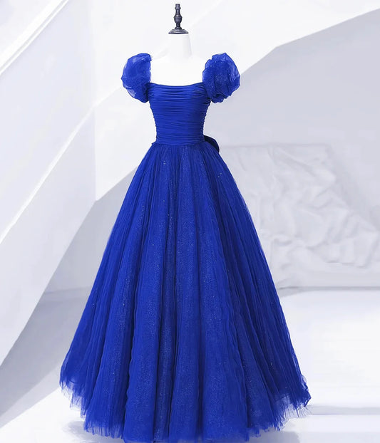 Cute Tulle Long Prom Dress with Bow, Royal Blue Short Sleeve Evening Party Dress  TP327
