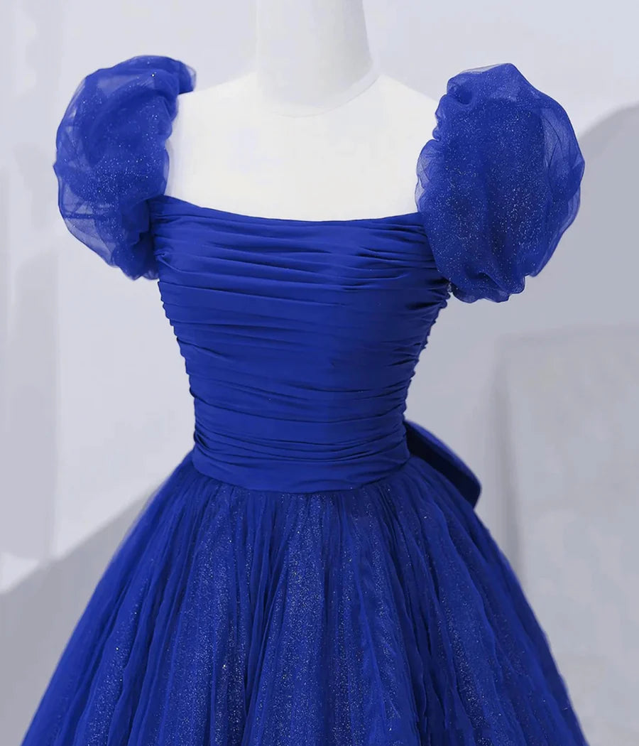 Cute Tulle Long Prom Dress with Bow, Royal Blue Short Sleeve Evening Party Dress  TP327