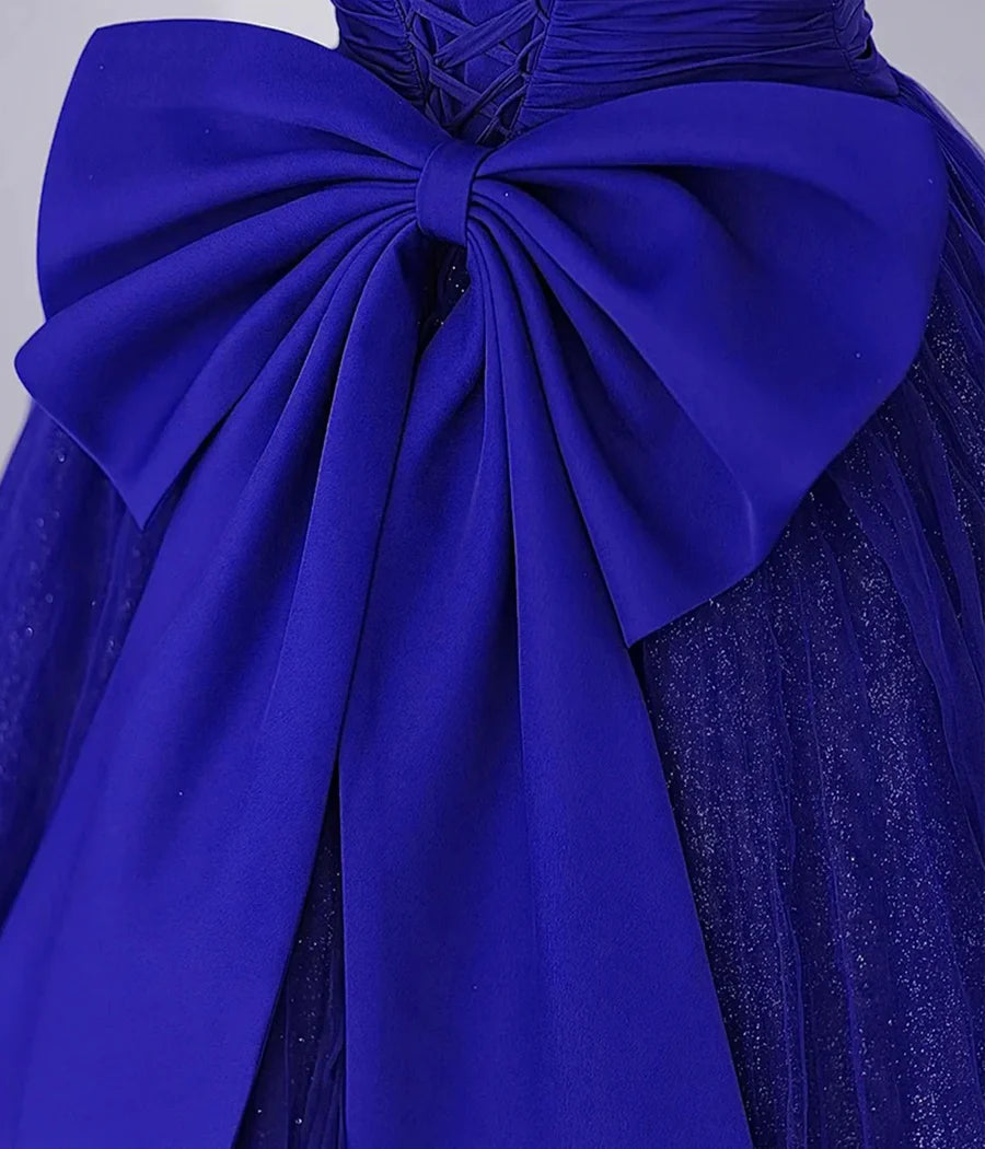 Cute Tulle Long Prom Dress with Bow, Royal Blue Short Sleeve Evening Party Dress  TP327