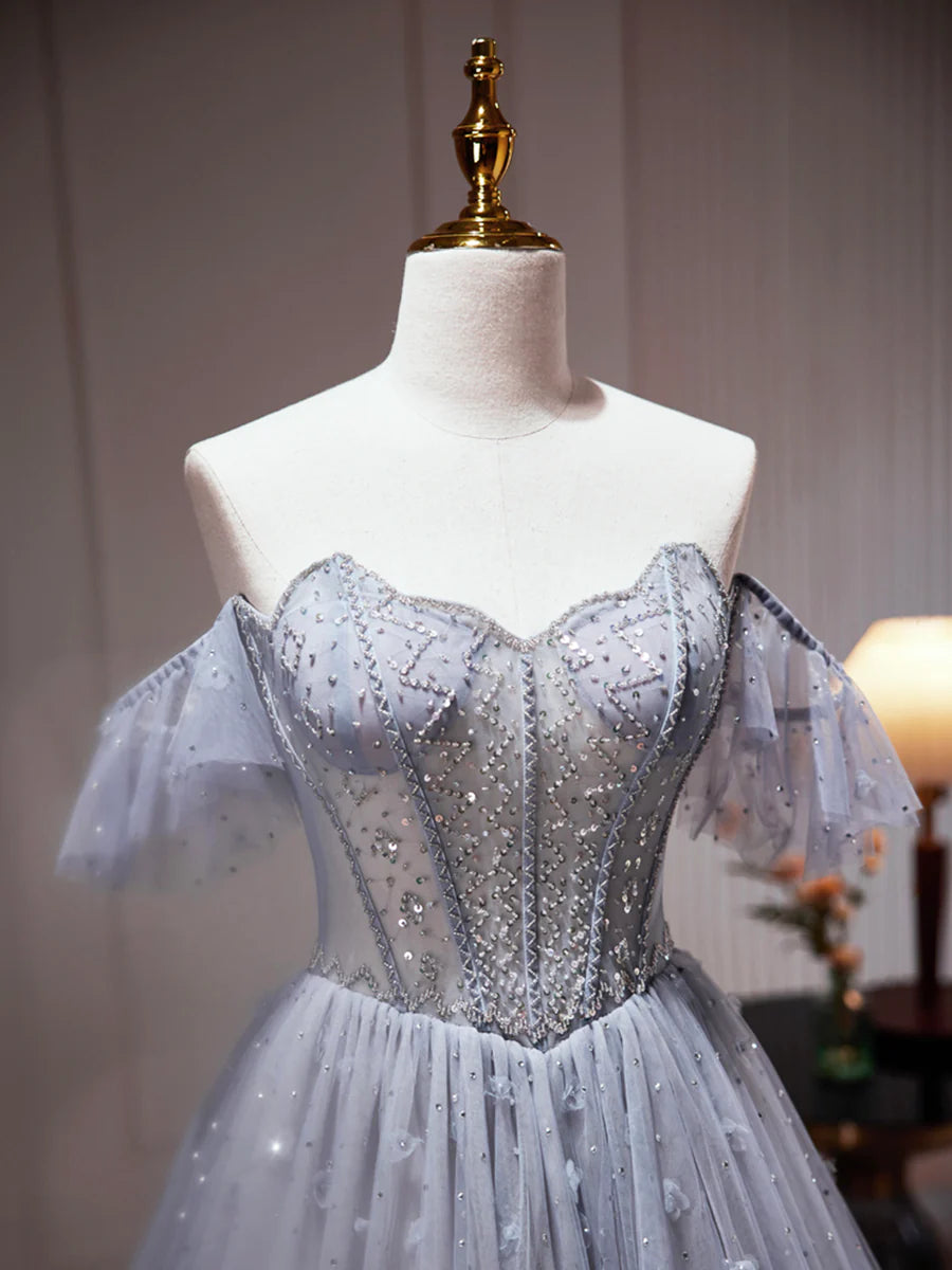 Gray Tulle Off Shoulder Beaded Party Dress, A-Line Tulle Formal Dress Prom Dress  TP328