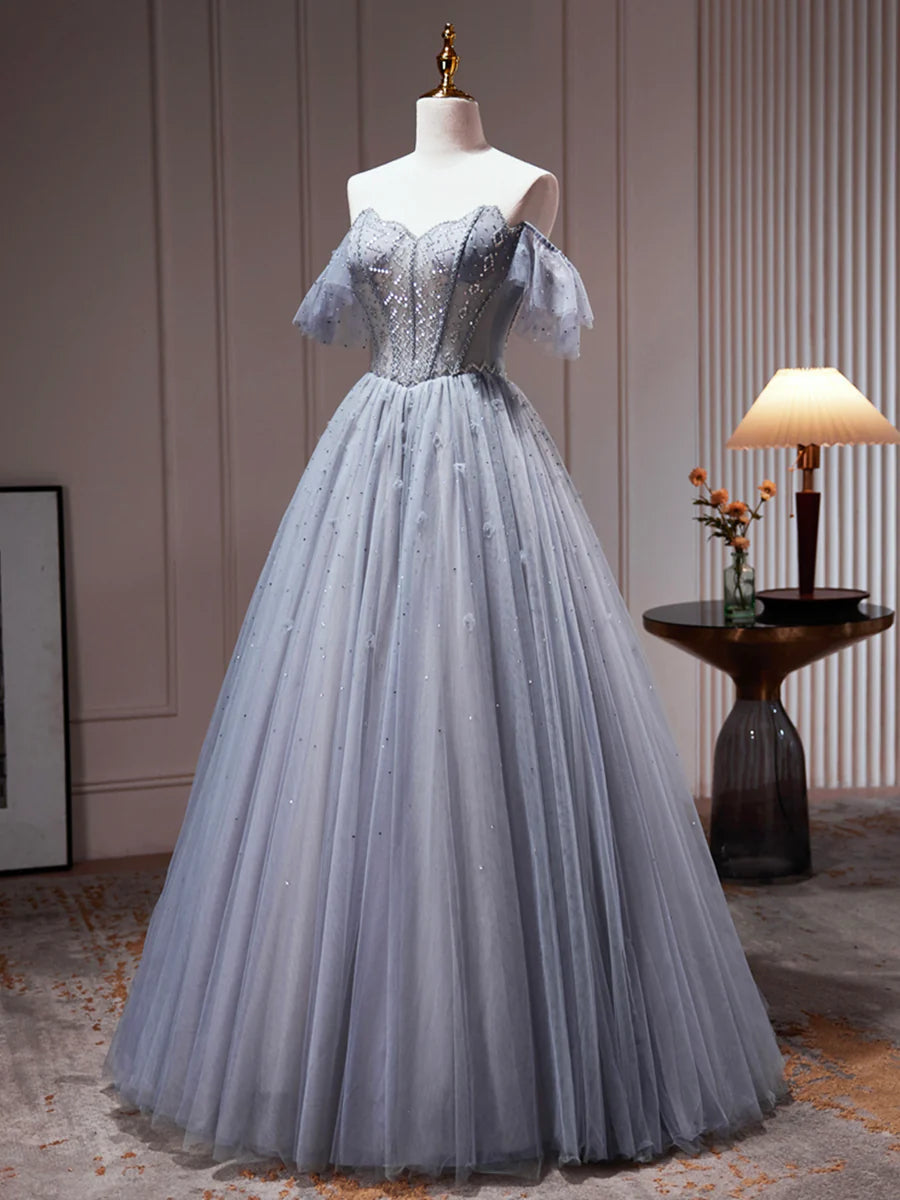 Gray Tulle Off Shoulder Beaded Party Dress, A-Line Tulle Formal Dress Prom Dress  TP328