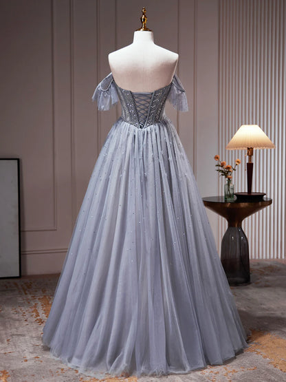 Gray Tulle Off Shoulder Beaded Party Dress, A-Line Tulle Formal Dress Prom Dress  TP328