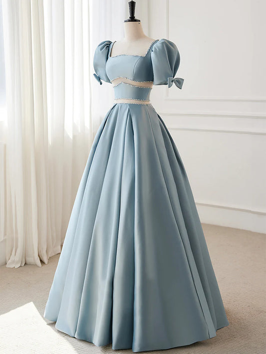 Blue Satin Beaded Long Prom Dress, Blue Short Sleeve Evening Dress  TP332