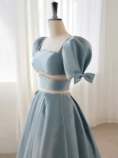 Blue Satin Beaded Long Prom Dress, Blue Short Sleeve Evening Dress  TP332