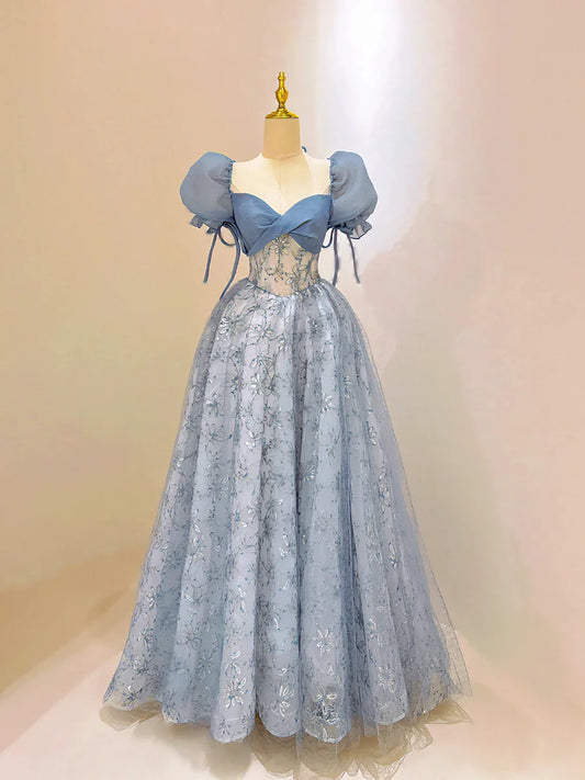 Blue Tulle Lace Long Prom Dress, Beautiful Short Sleeve Evening Dress  TP333
