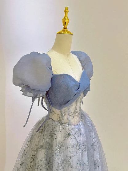 Blue Tulle Lace Long Prom Dress, Beautiful Short Sleeve Evening Dress  TP333