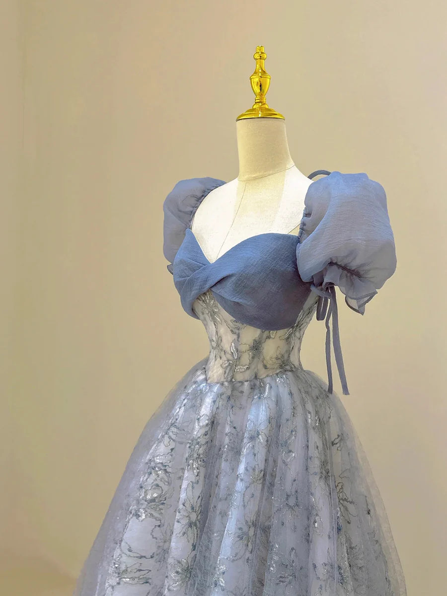 Blue Tulle Lace Long Prom Dress, Beautiful Short Sleeve Evening Dress  TP333