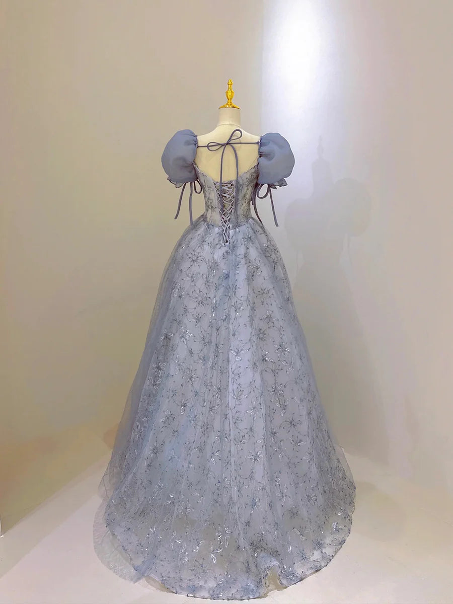 Blue Tulle Lace Long Prom Dress, Beautiful Short Sleeve Evening Dress  TP333
